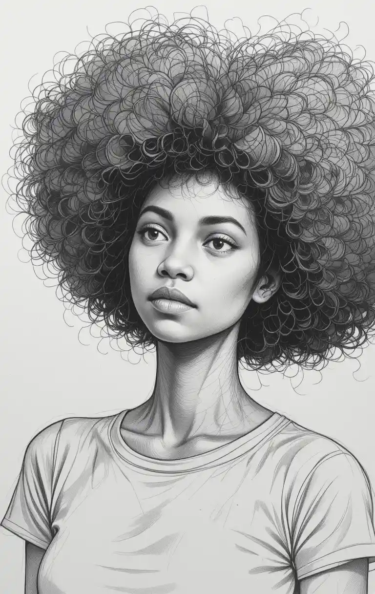 Charcoal close up of a pensive black girl with afro hair