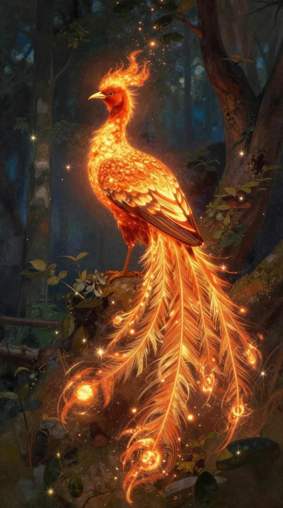 Phénix de feu planant au-dessus d’une forêt russe enchantée