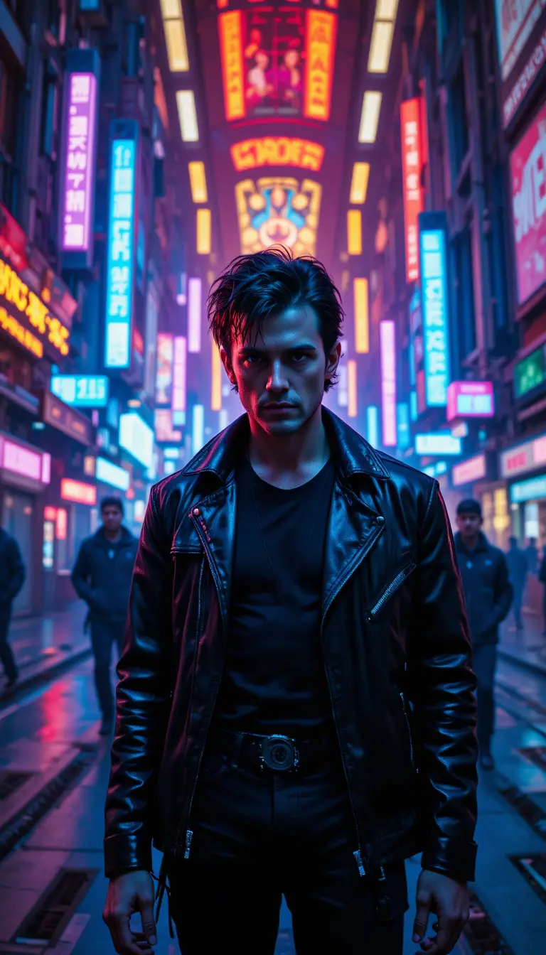 Capa de álbum cyberpunk em close com guitarrista rebelde