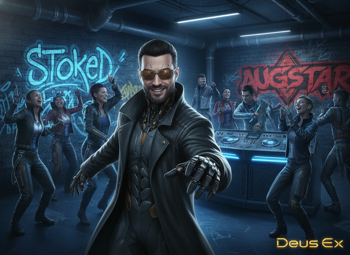 Detetive aumentado dançando em uma balada cyberpunk iluminada por neon