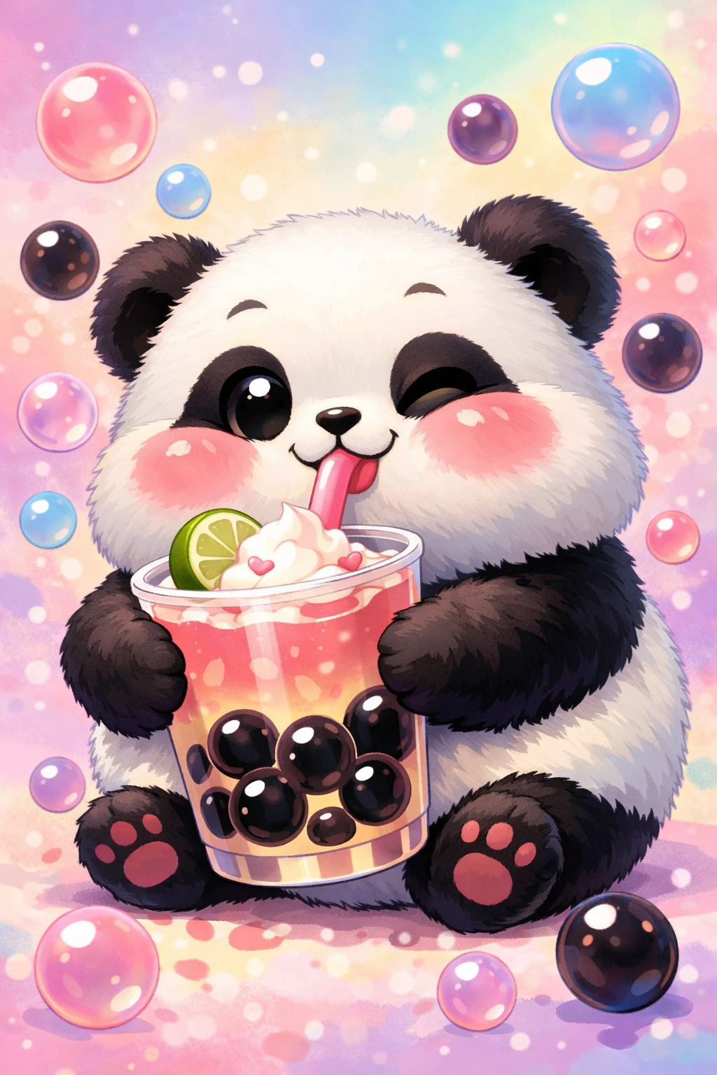 Cute round panda sipping bubble tea in pastel colors