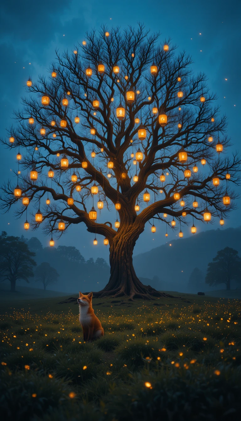 Fuchs unter laternenbeleuchtetem Baum in traumhafter Dämmerungswiese