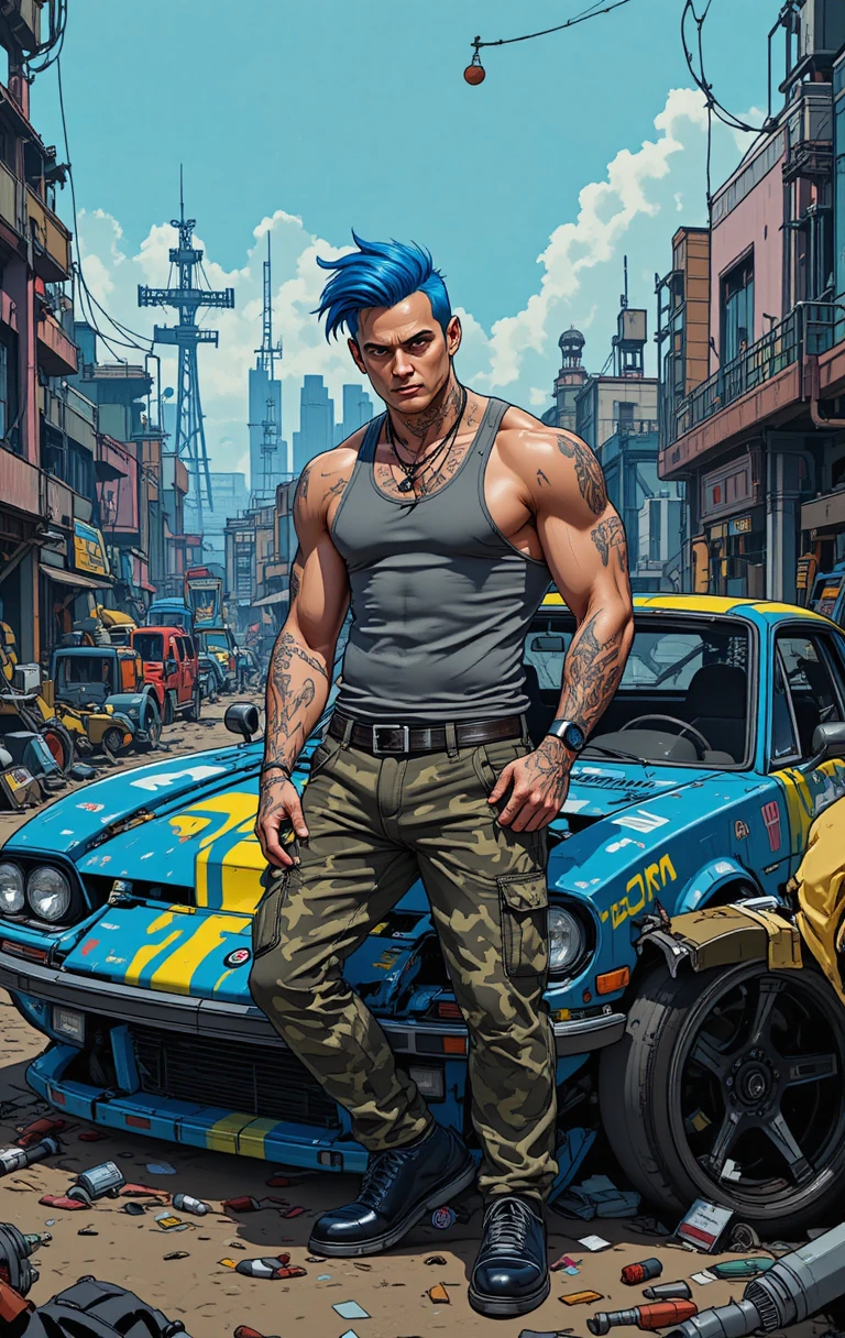 Muscular blue haired man beside damaged sports car