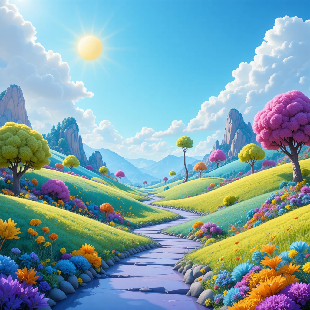 Colorful 3D Fantasy Hillside With Trees And Winding Path