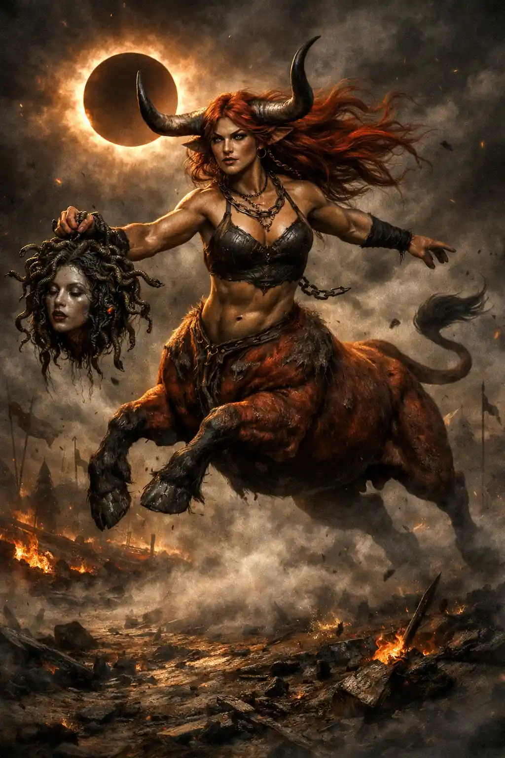 Female minotaur warrior leaping across burning battlefield