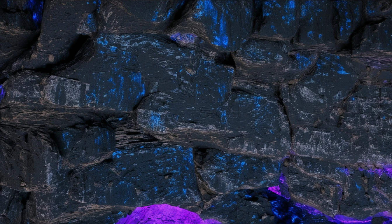 Cinematic close up of a dark basalt cave interior