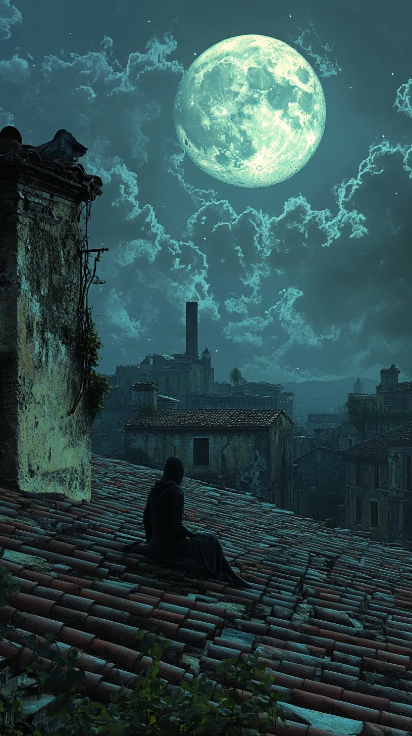 Figura solitária no telhado sob uma lua cheia luminosa
