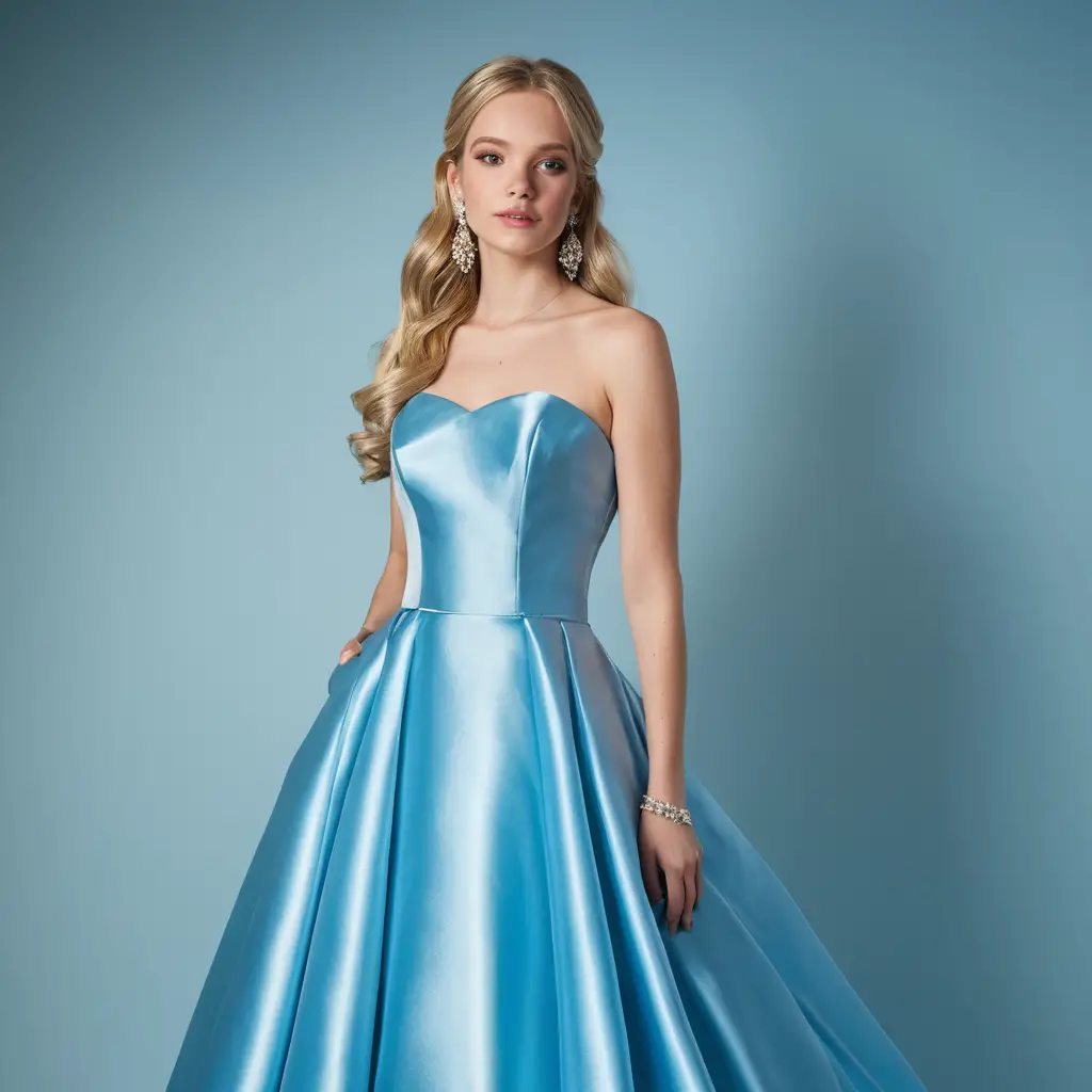 Elegant blonde woman in vivid blue satin prom gown