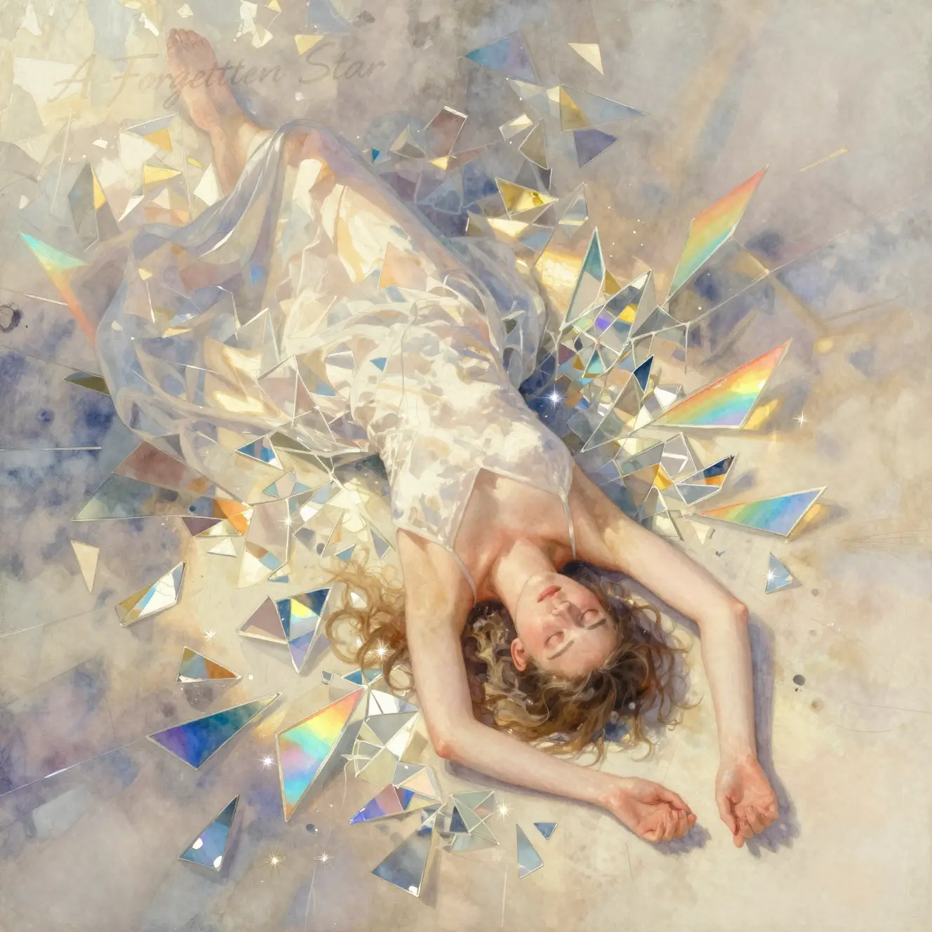 Watercolor girl in prismatic shattered glass seen from above