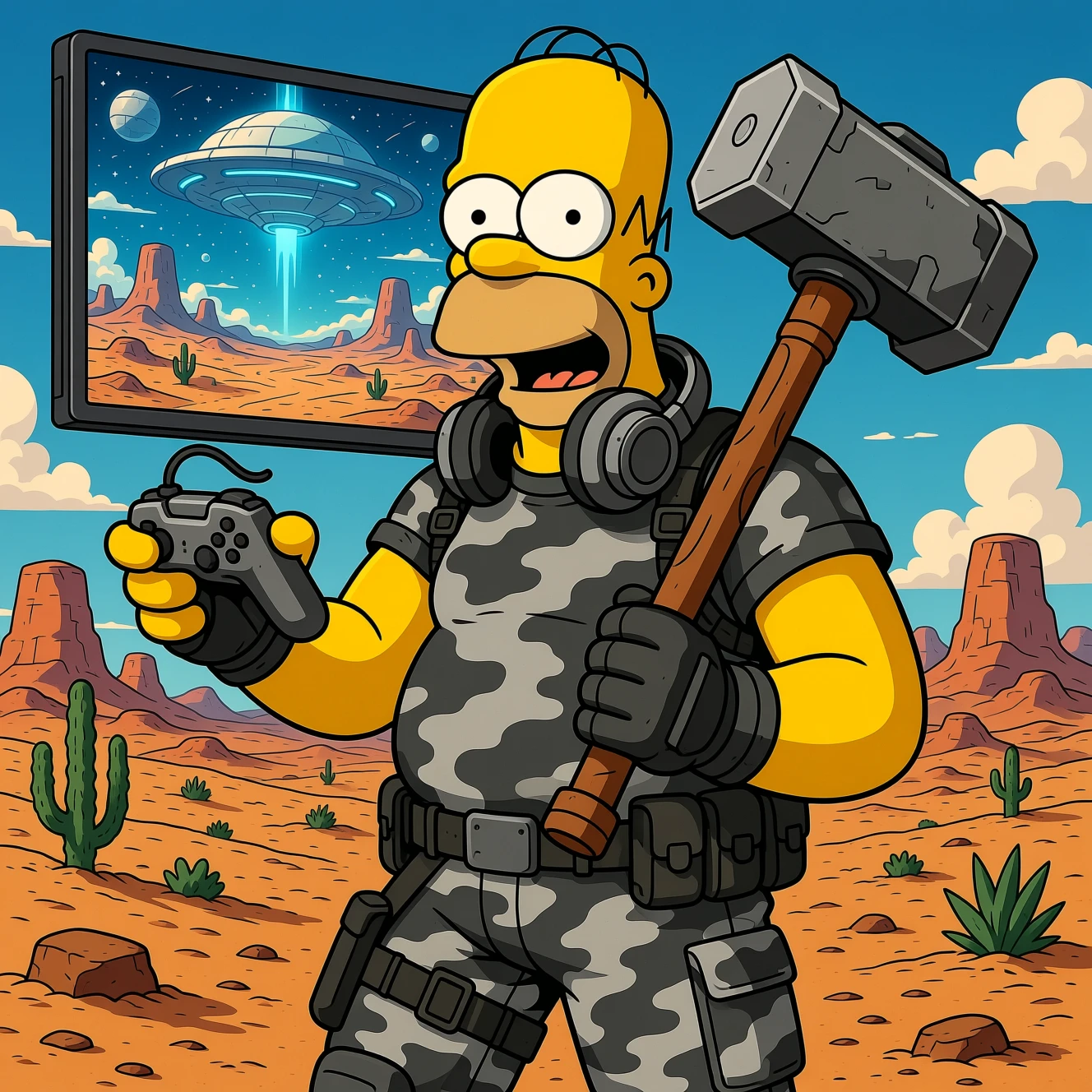 Homem futurista de anime com equipamento cinza em um deserto pós-apocalíptico
