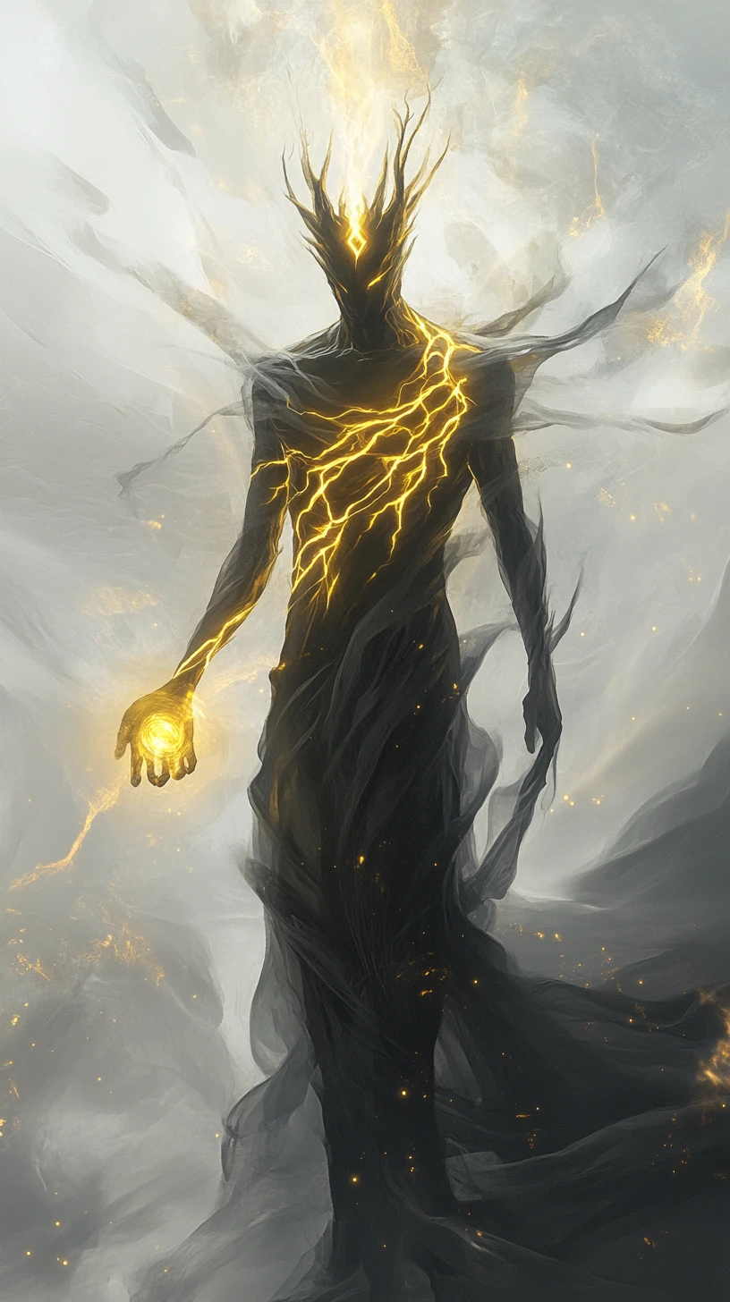 Ethereal horned spirit holding a glowing golden orb