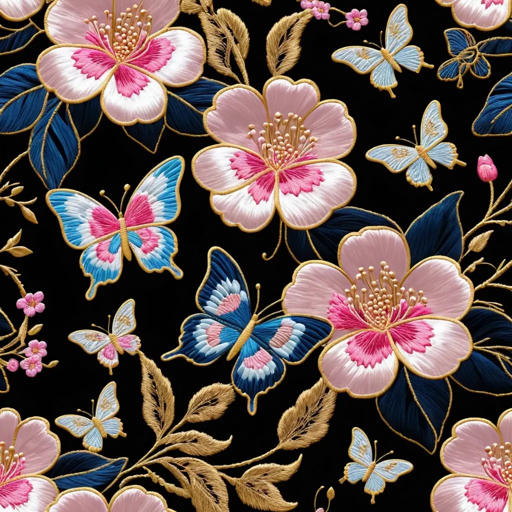 Elegantes Blumen-Textilmuster mit Schmetterlingen auf schwarzem Hintergrund