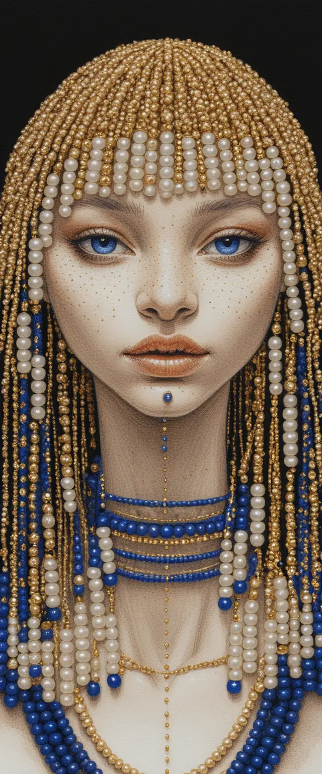 Nubian girl portrait with beaded braids on parchment texture