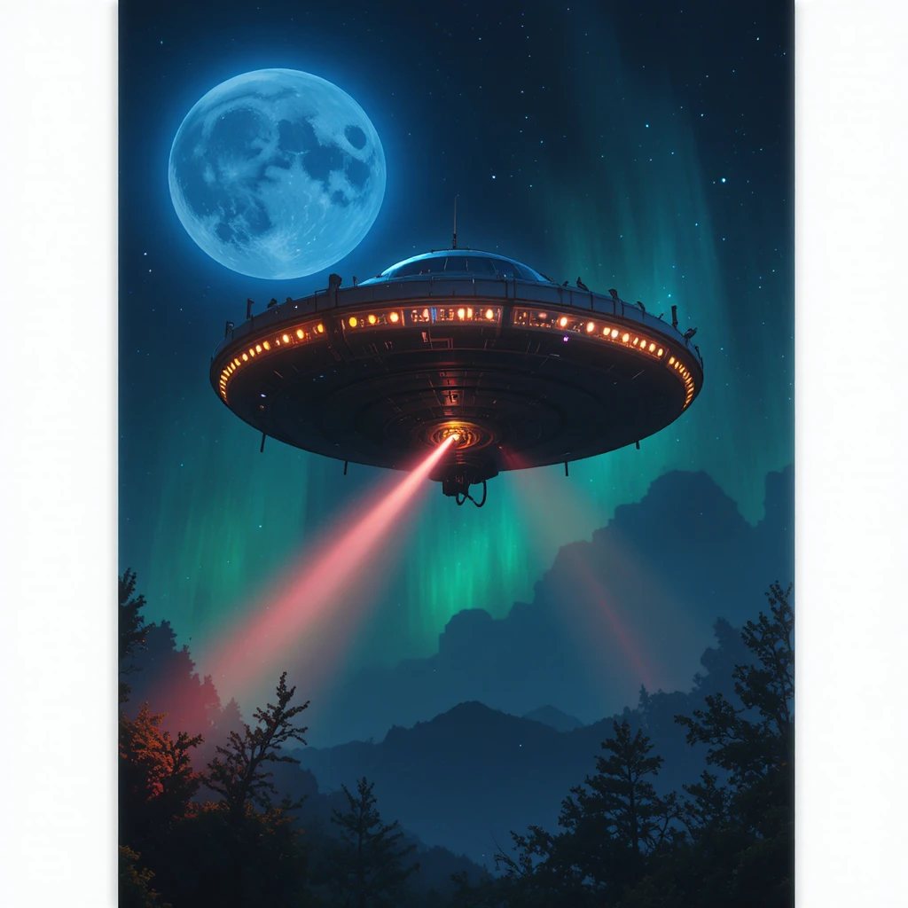 UFO firing a laser under a blue moonlit fantasy sky