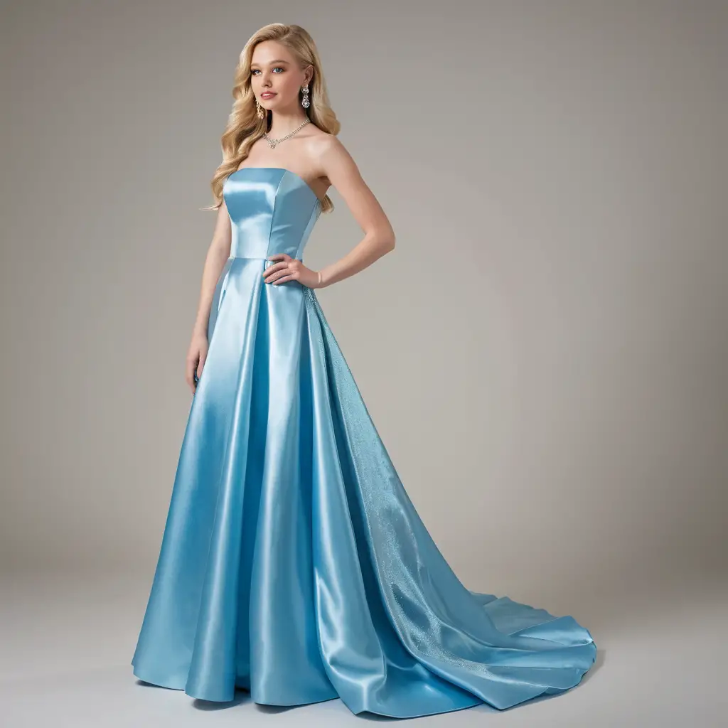 Elegant blonde woman in a sky blue satin strapless gown