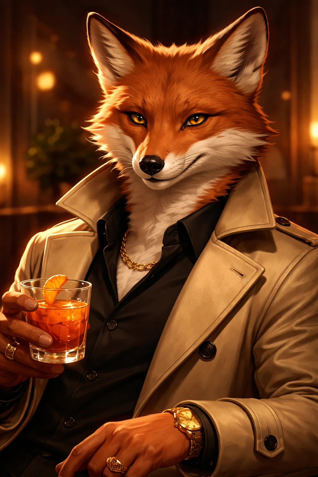 Raposa estilosa de sobretudo segurando um coquetel negroni
