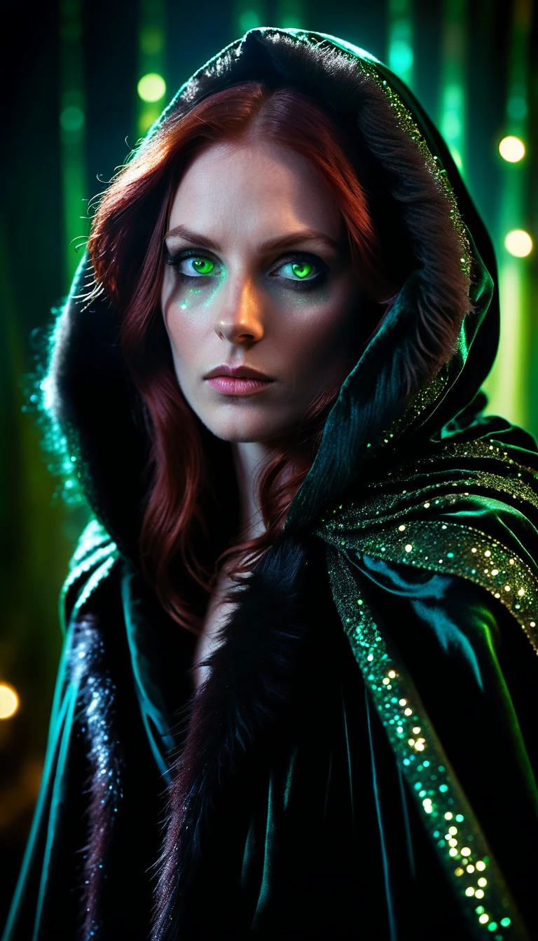 Mystical woman in black velvet cloak with glowing glitter