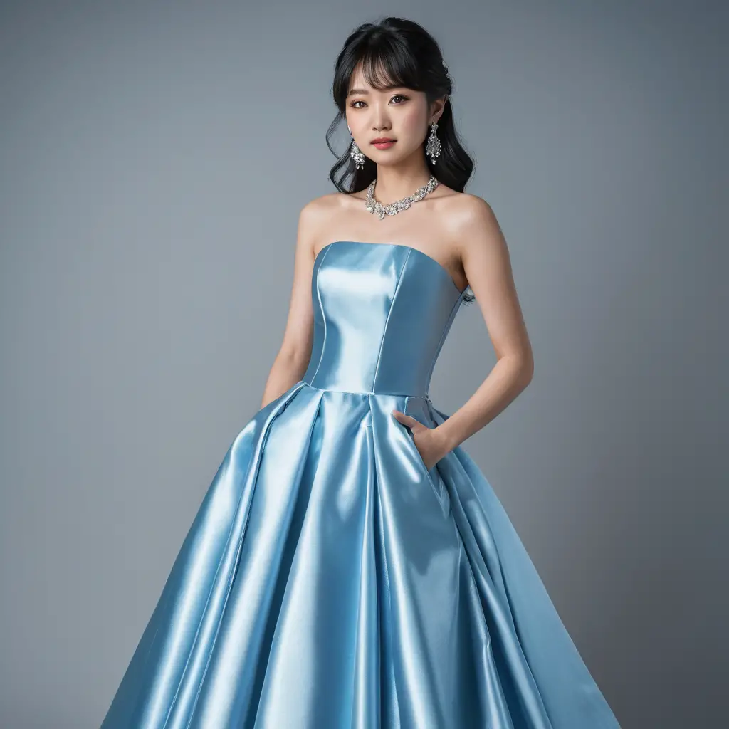 Elegant woman in vivid blue satin strapless evening gown