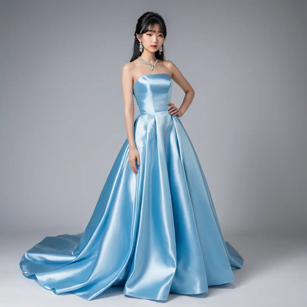 Elegant woman in vivid blue satin strapless gown