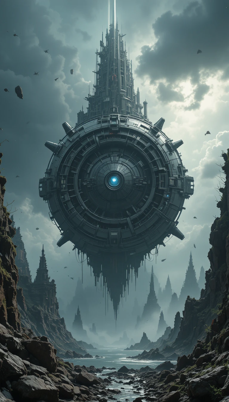 Estação espacial sci-fi acima de nuvens tempestuosas e destroços rochosos