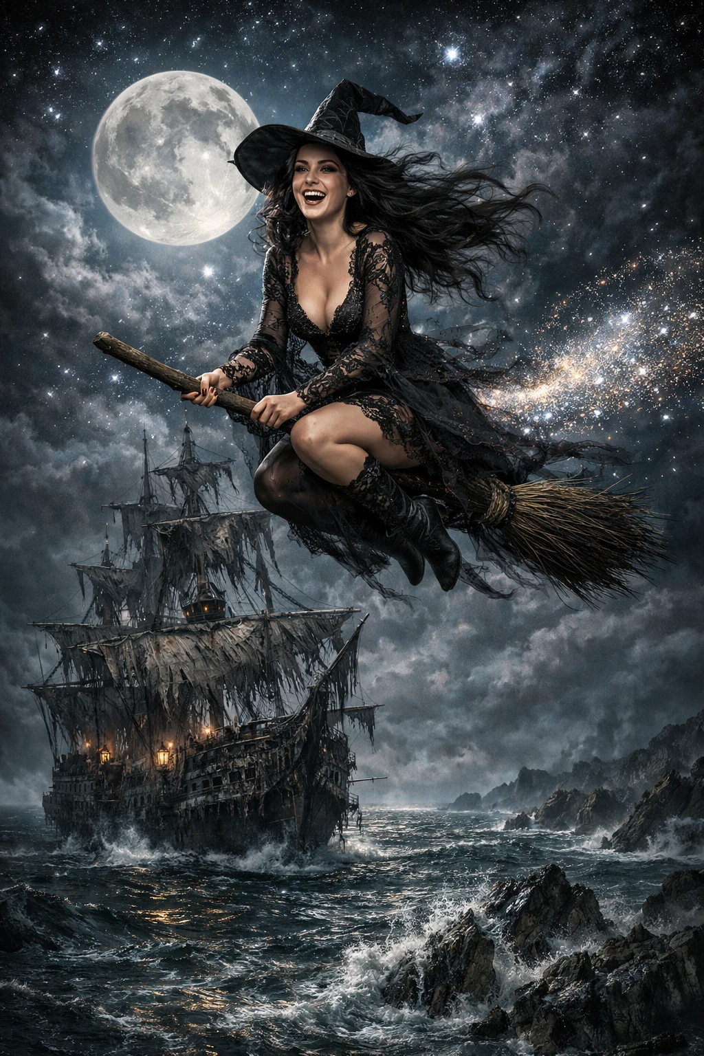 Beautiful witch flying on a broomstick through starry moonlit sky