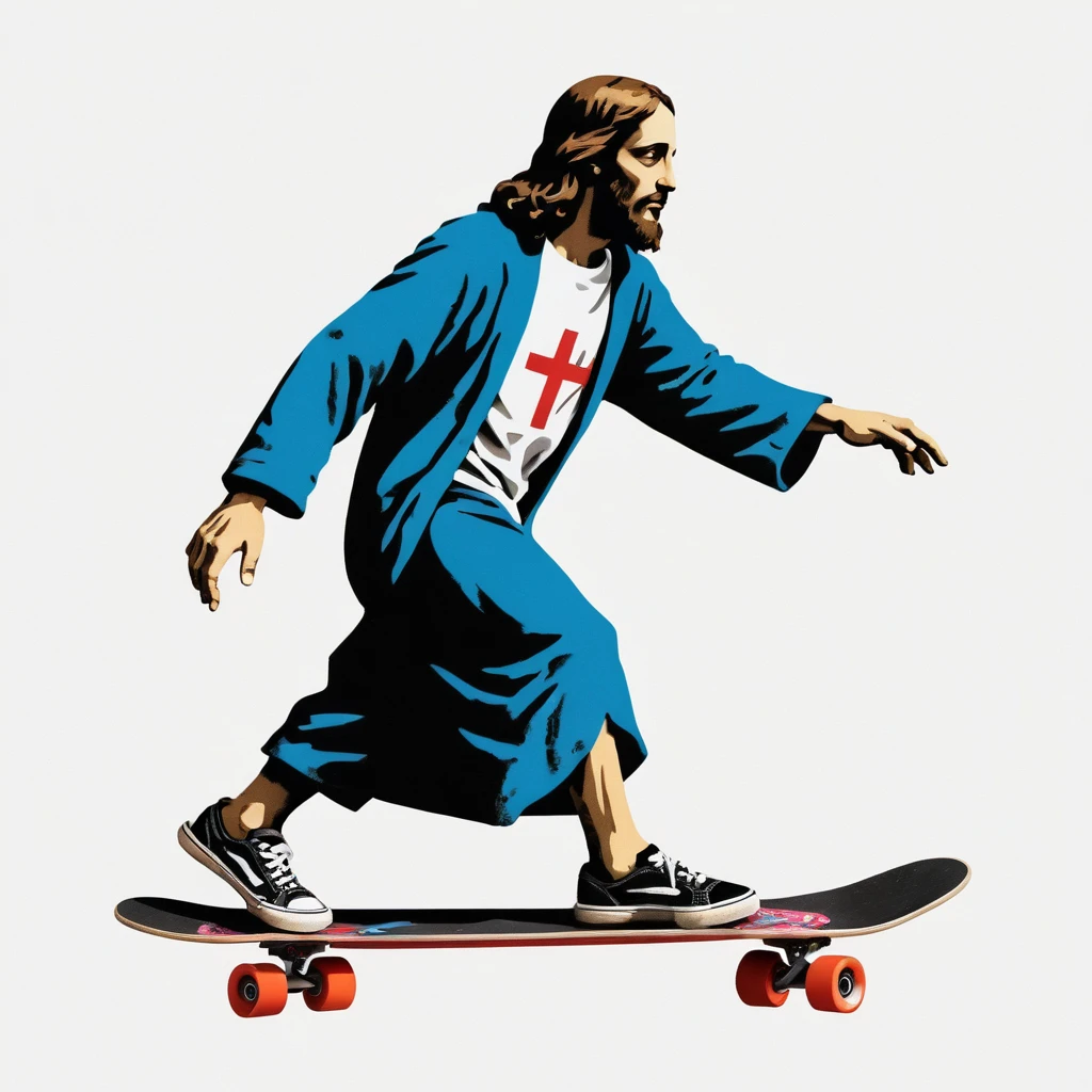 Graffiti de Jésus-Christ sur un Skateboard sur un Mur Blanc