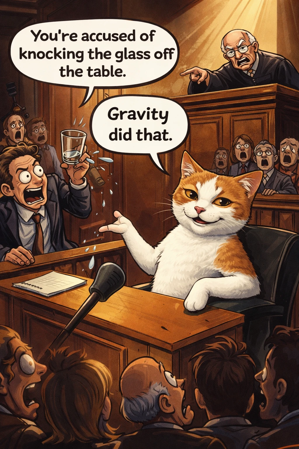 Humorvolle Cartoon-Katze vor Gericht in einem dramatischen Gerichtssaal