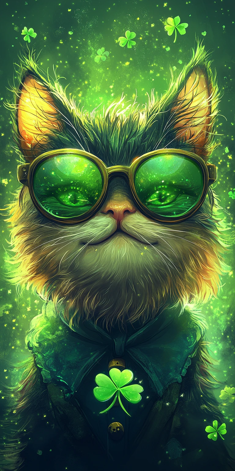 Retrato de gato leprechaun sarcástico com fundo verde brilhante
