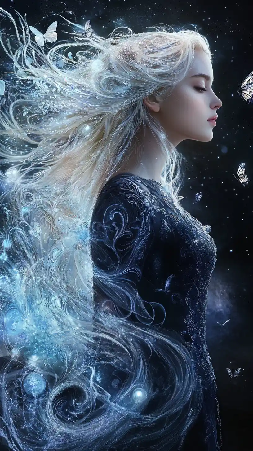 Fantasy girl in blue dress under swirling cosmic filigree
