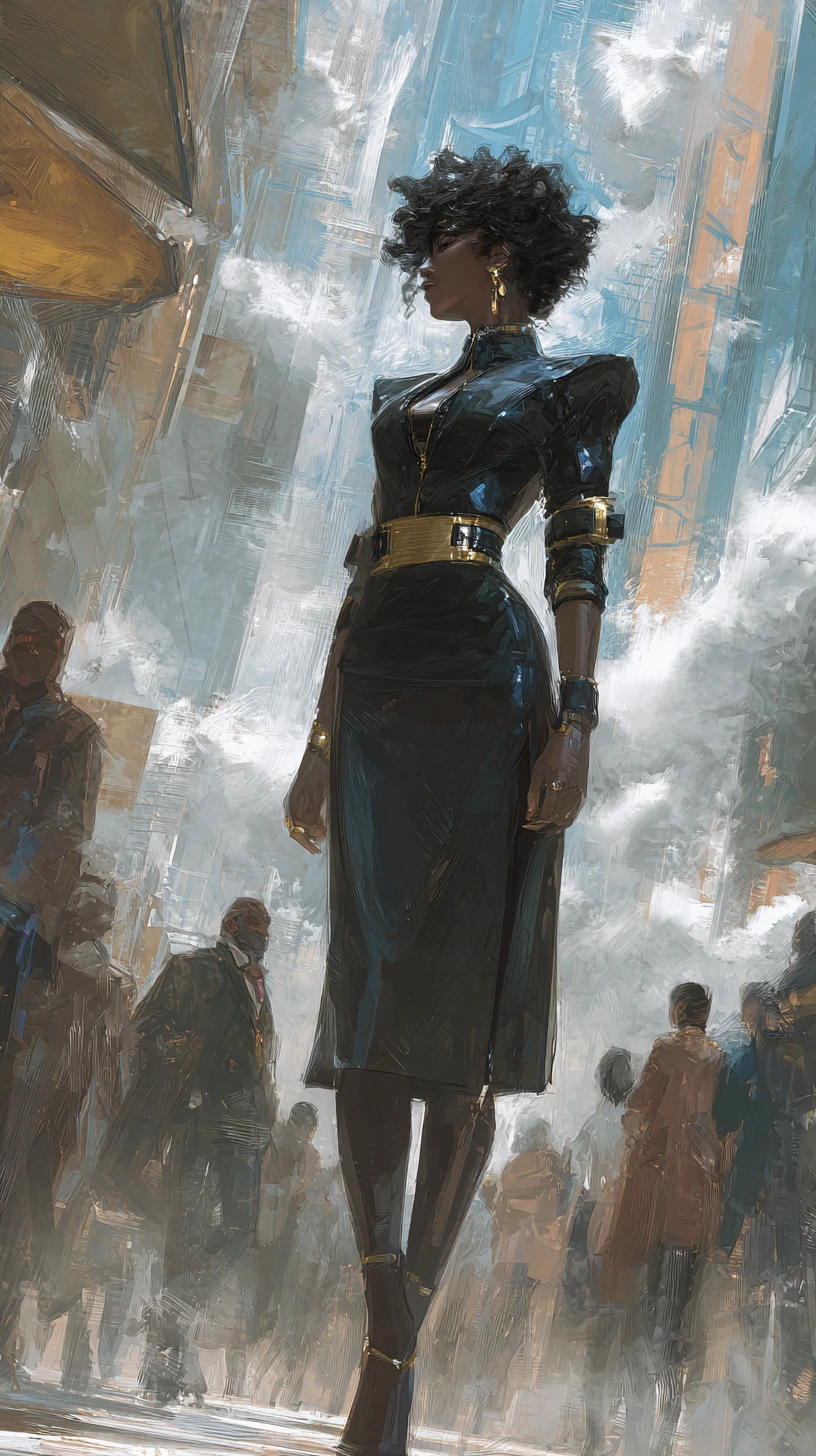 Mulher negra em traje cyberpunk caminhando por rua movimentada da cidade