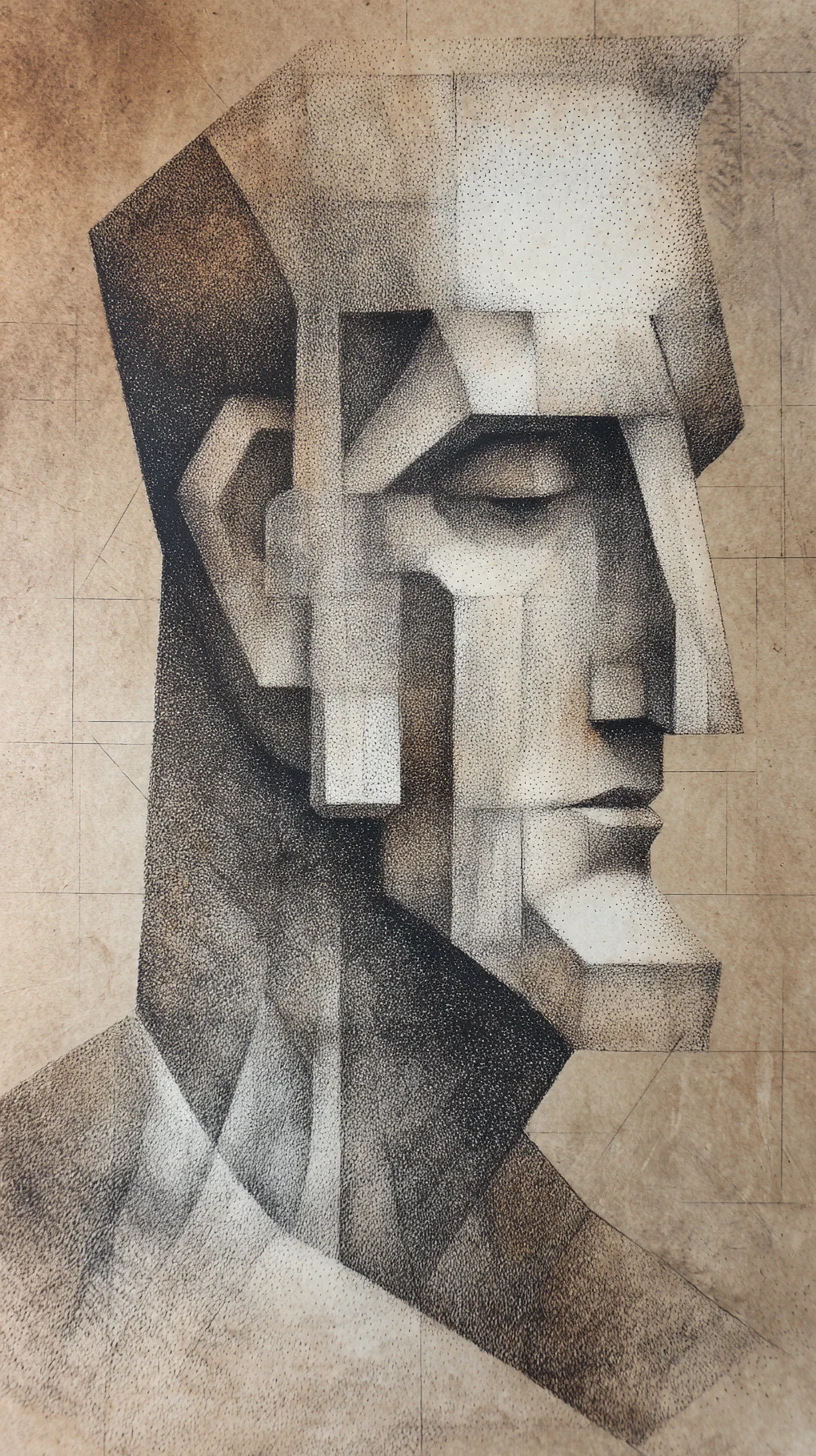 Retrato de perfil em grafite com estilo cubista arquitetônico em papel envelhecido
