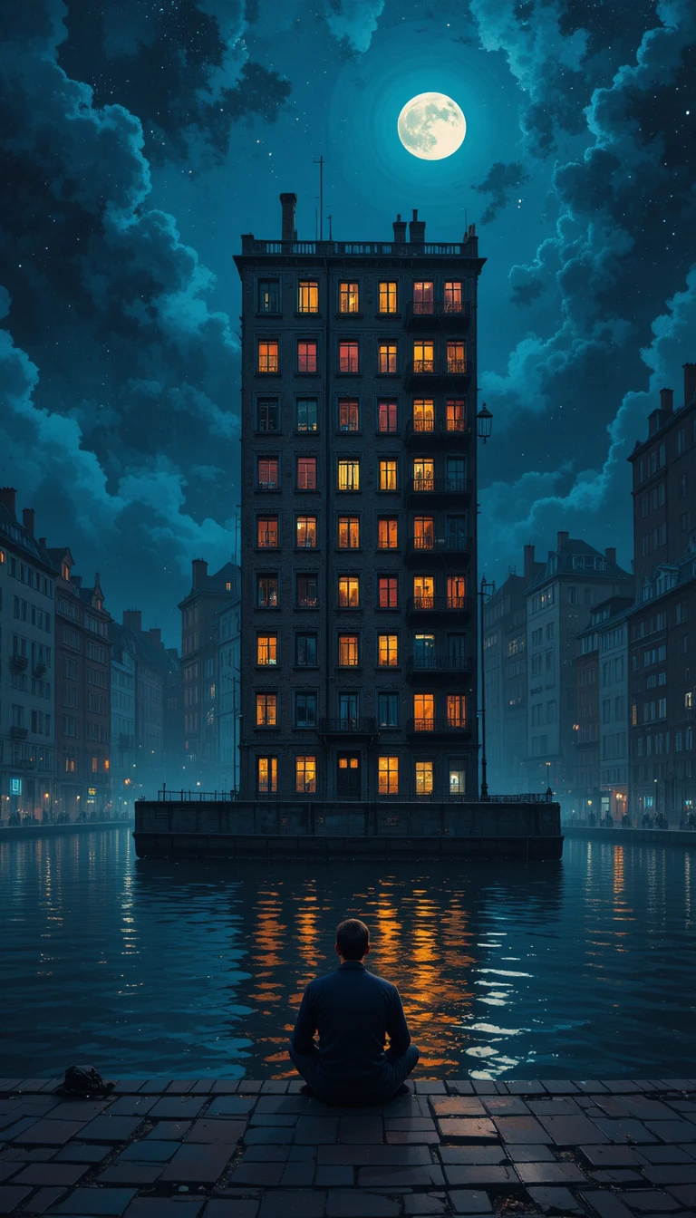 Escena nocturna urbana surrealista con un hombre solitario junto al agua