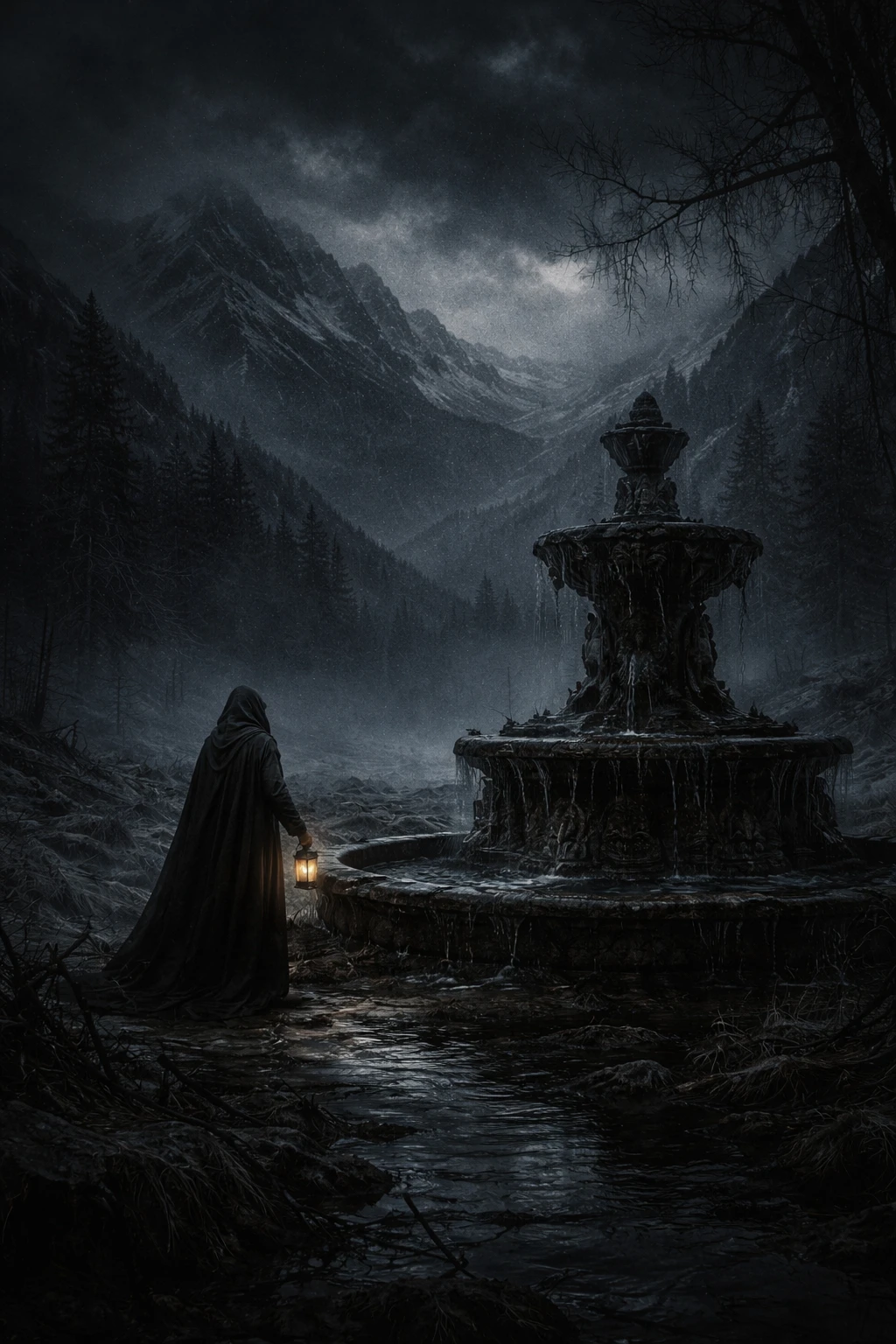 Figura solitária junto a uma fonte nas sombras da montanha