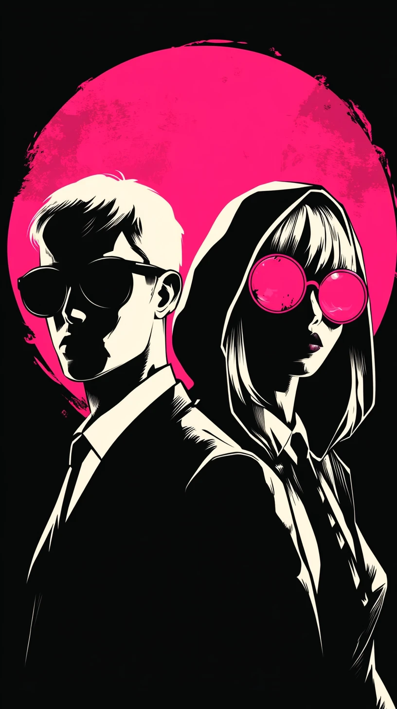 Noir silhouettes with neon magenta sun in bold vector style