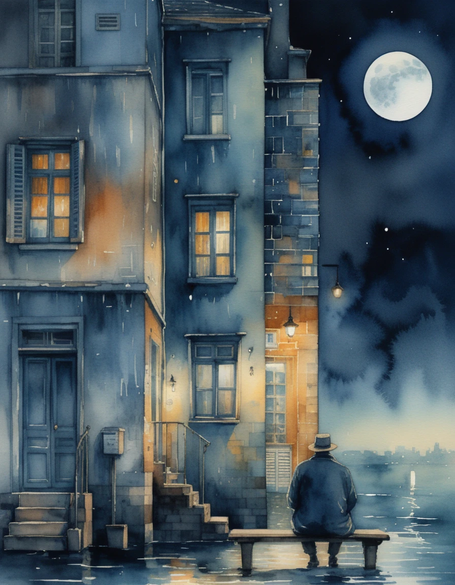 Noche surreal en la ciudad con hombre solitario junto al agua