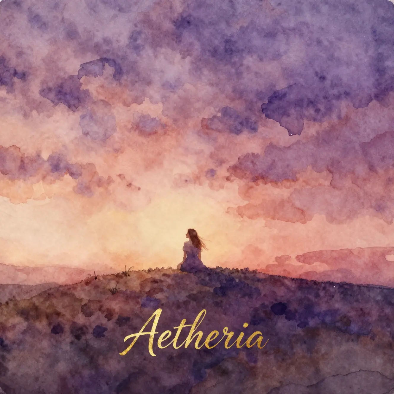 Chica lejana en lo alto de una colina bajo un cielo acuarela al atardecer