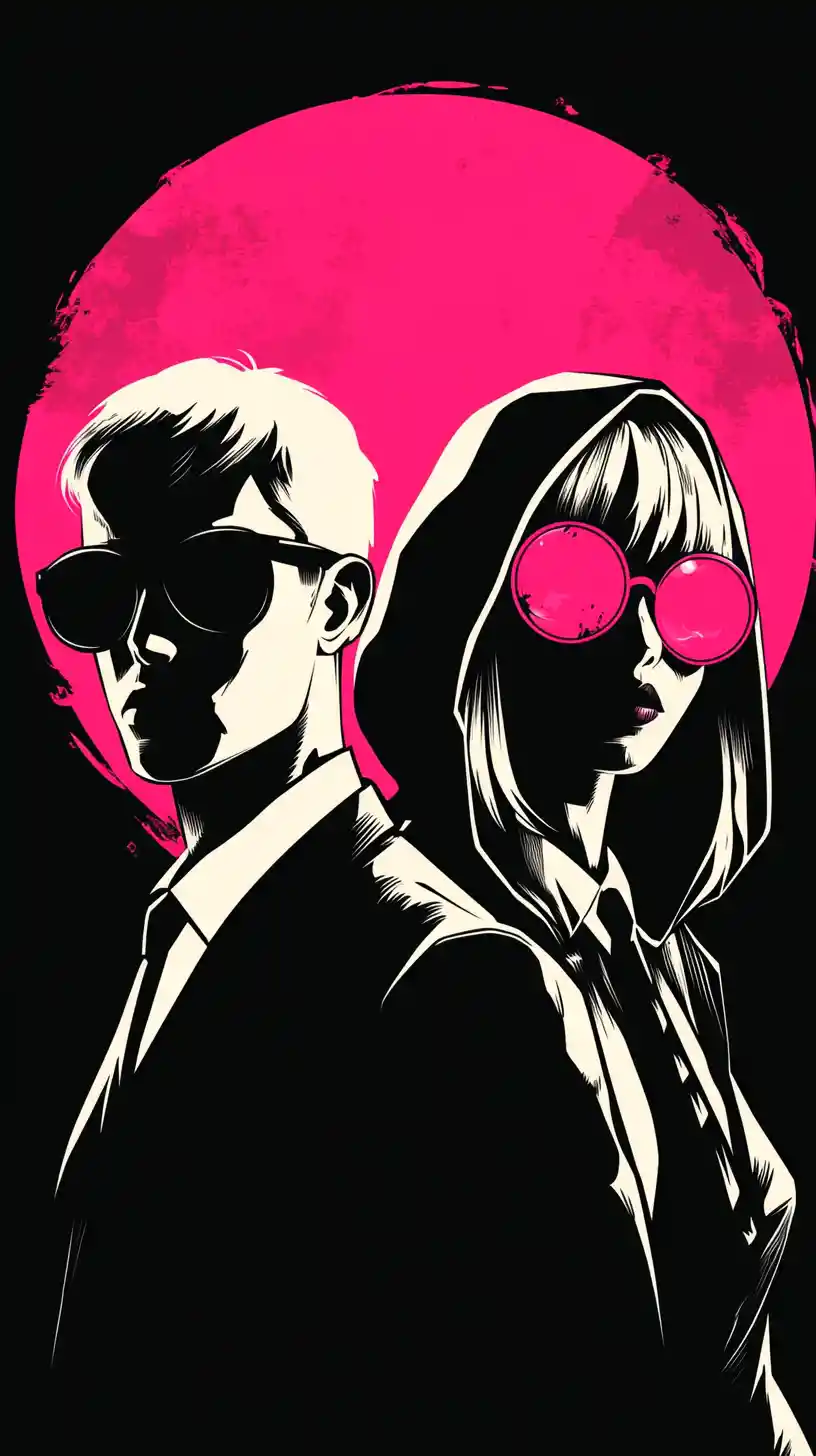 Noir silhouettes with neon magenta sun in bold vector style