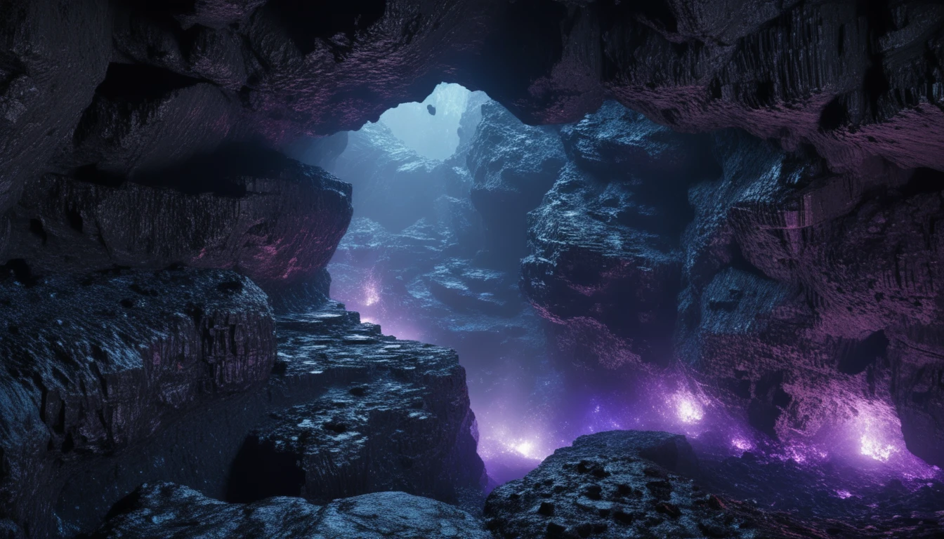 Misteriosa grotta di basalto con riflessi di luce blu e viola