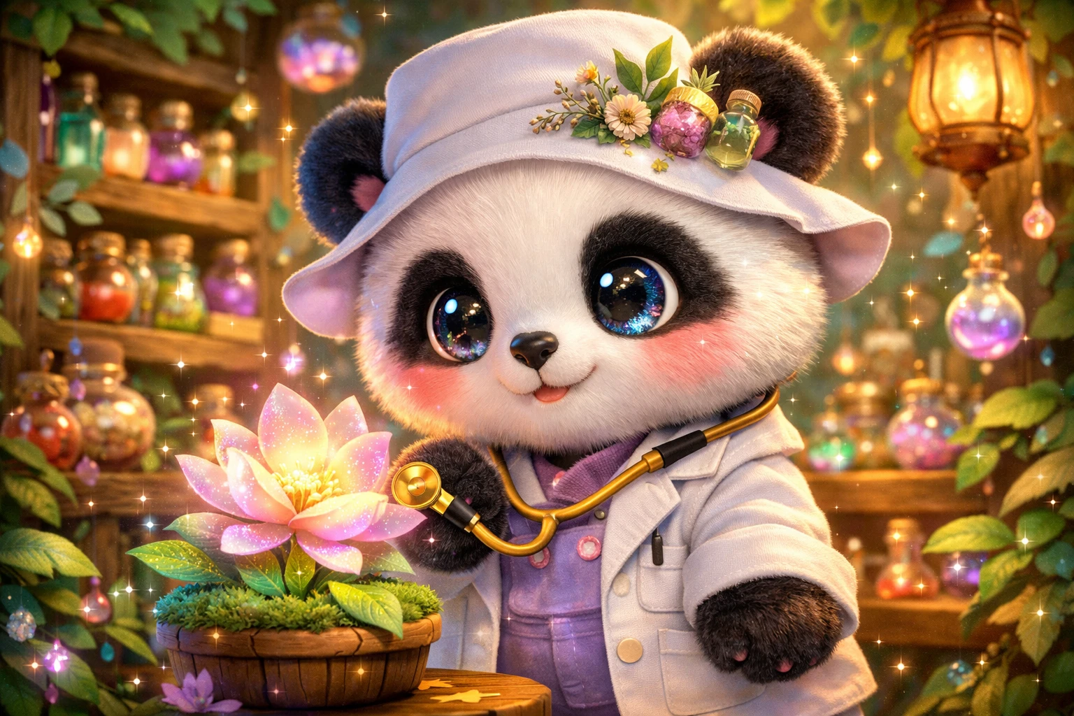 Fofo panda médico estudando uma flor mágica brilhante na floresta