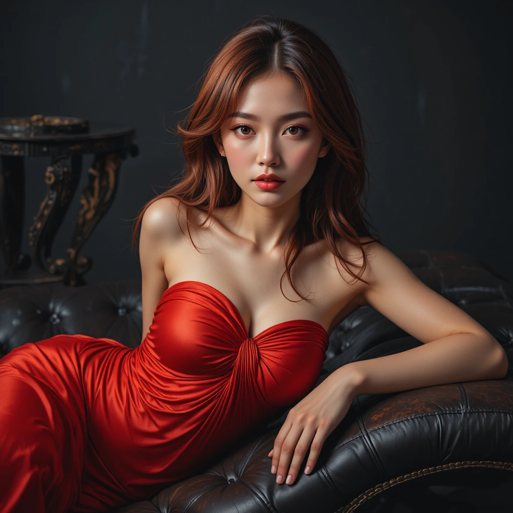 Mujer coreana con vestido de seda carmesí en chaise de cuero