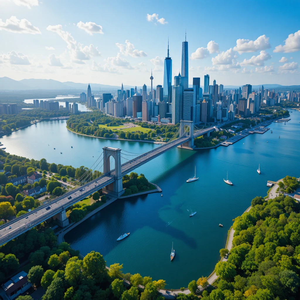 Modern city skyline by a blue lake with tower bridge