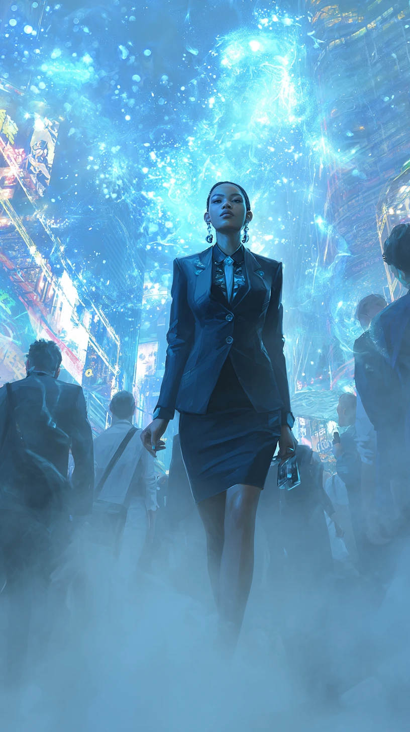 Mulher negra em traje cyberpunk caminhando por rua movimentada da cidade