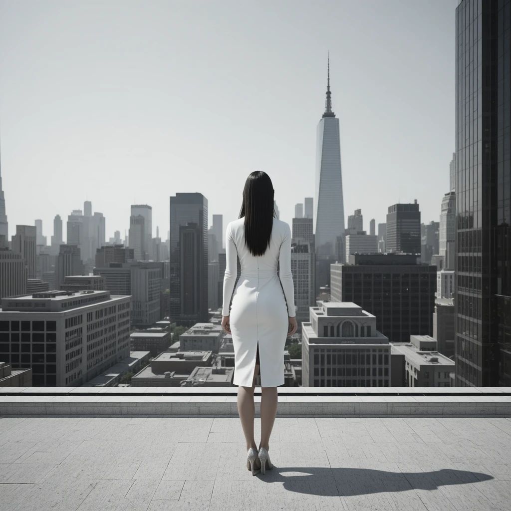 Woman in white dress on sunny city rooftop