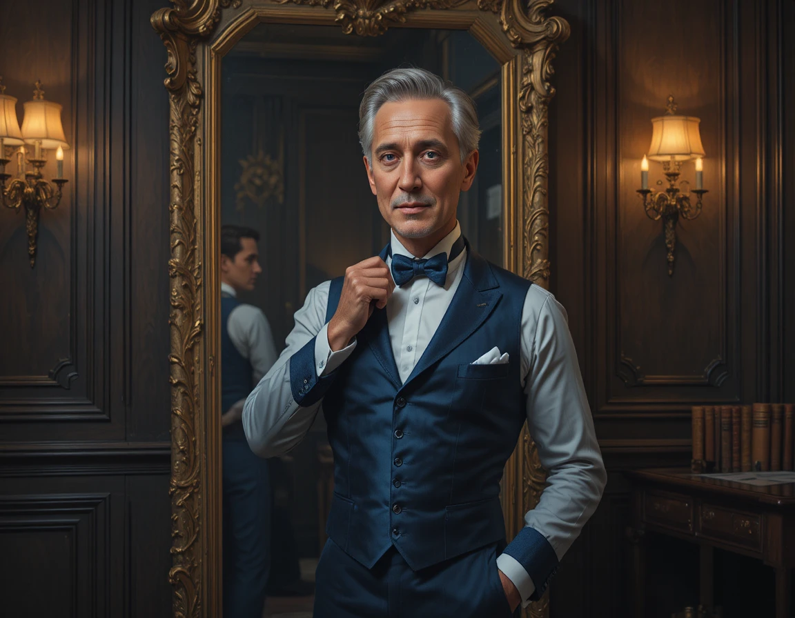 Eleganter mittelalter Mann, der seine Krawatte im barocken Spiegel richtet