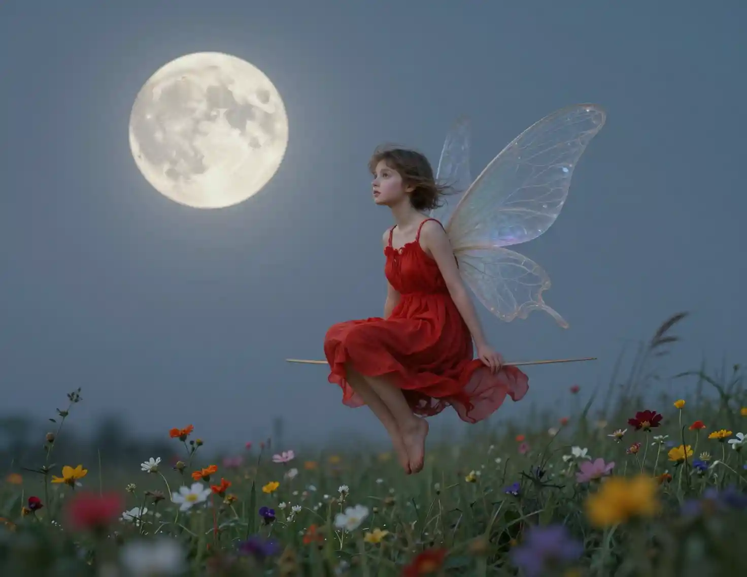 Minuscule fée au clair de lune se reposant dans une prairie de fleurs sauvages