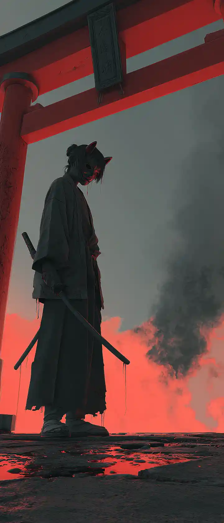 Anime oni samurai resting by ancient torii at dawn