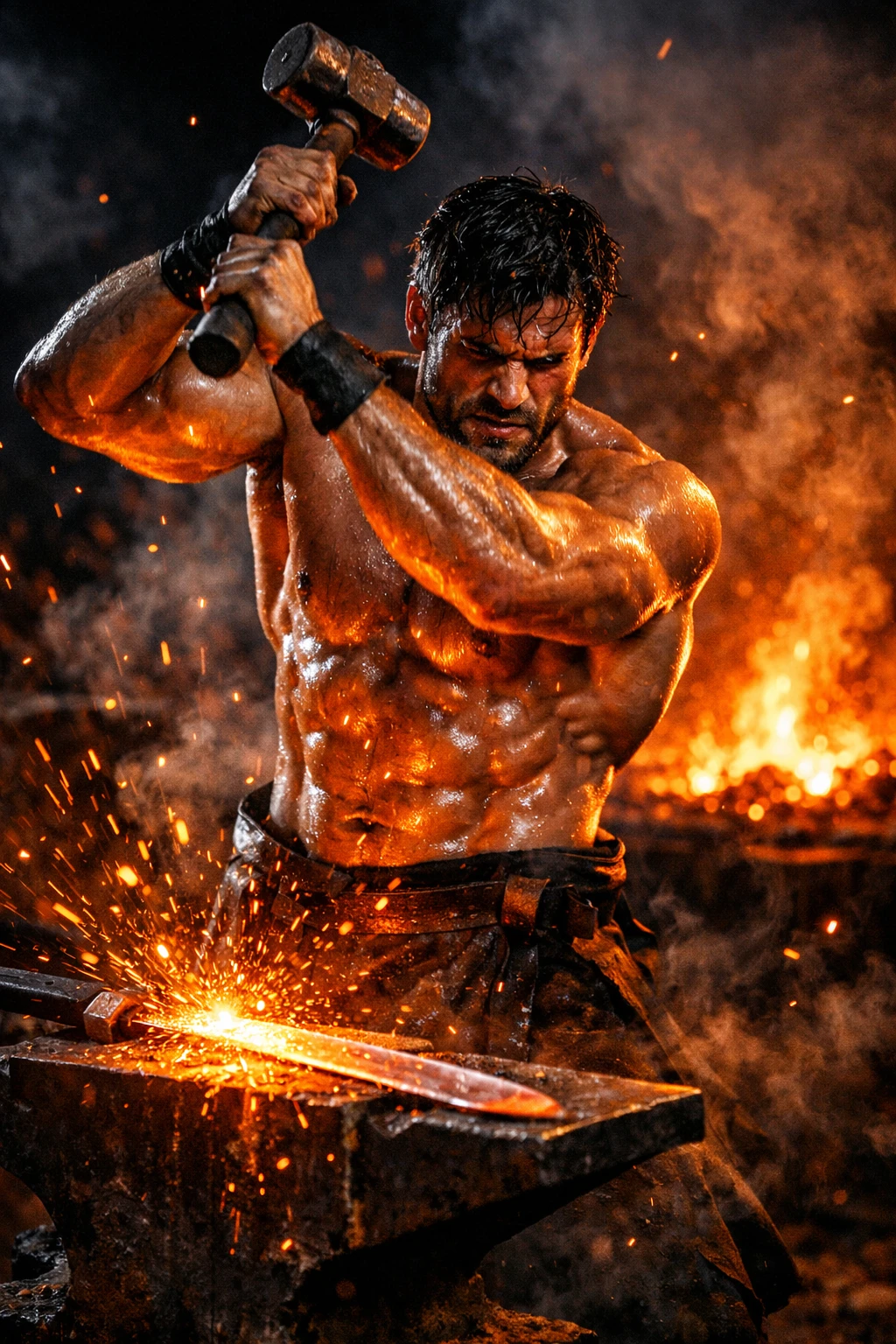 Muscular blacksmith forging a sword in fiery night workshop