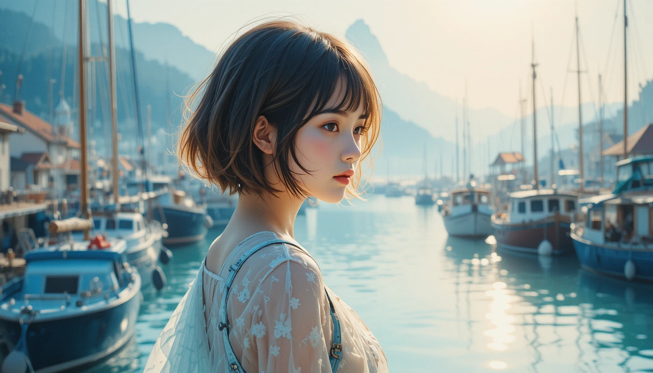 Short haired anime girl at a refreshing morning harbor