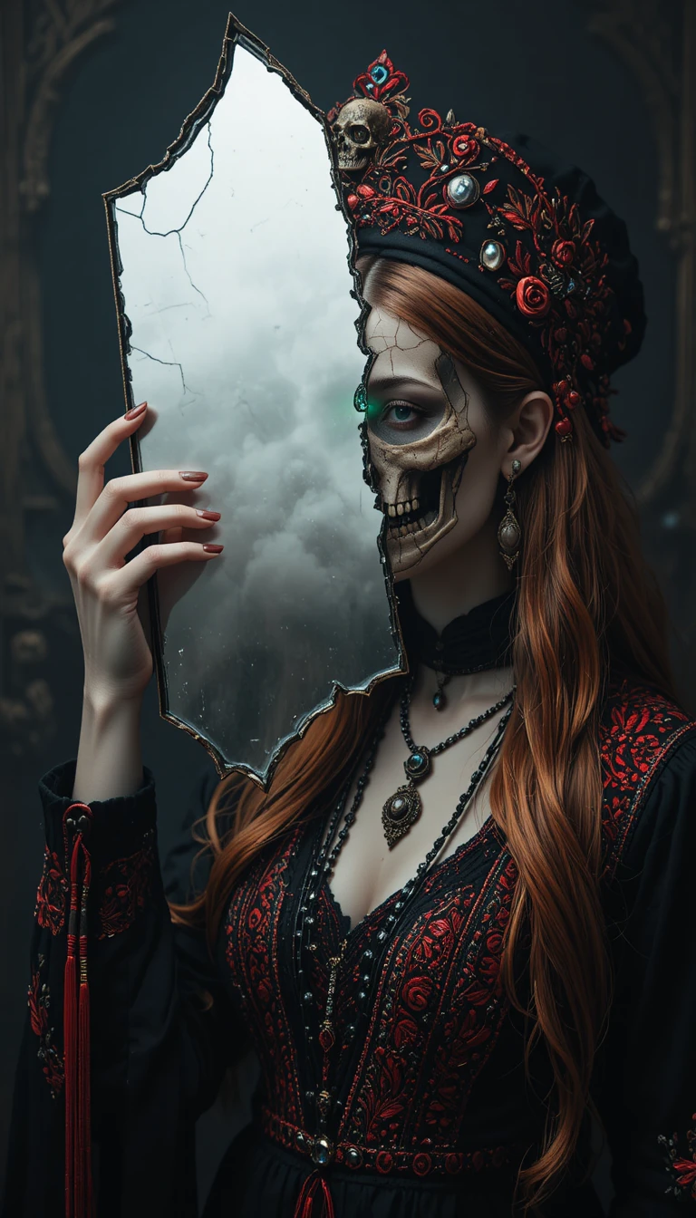 Gothic slavic woman holding mirror shard with deathly reflection