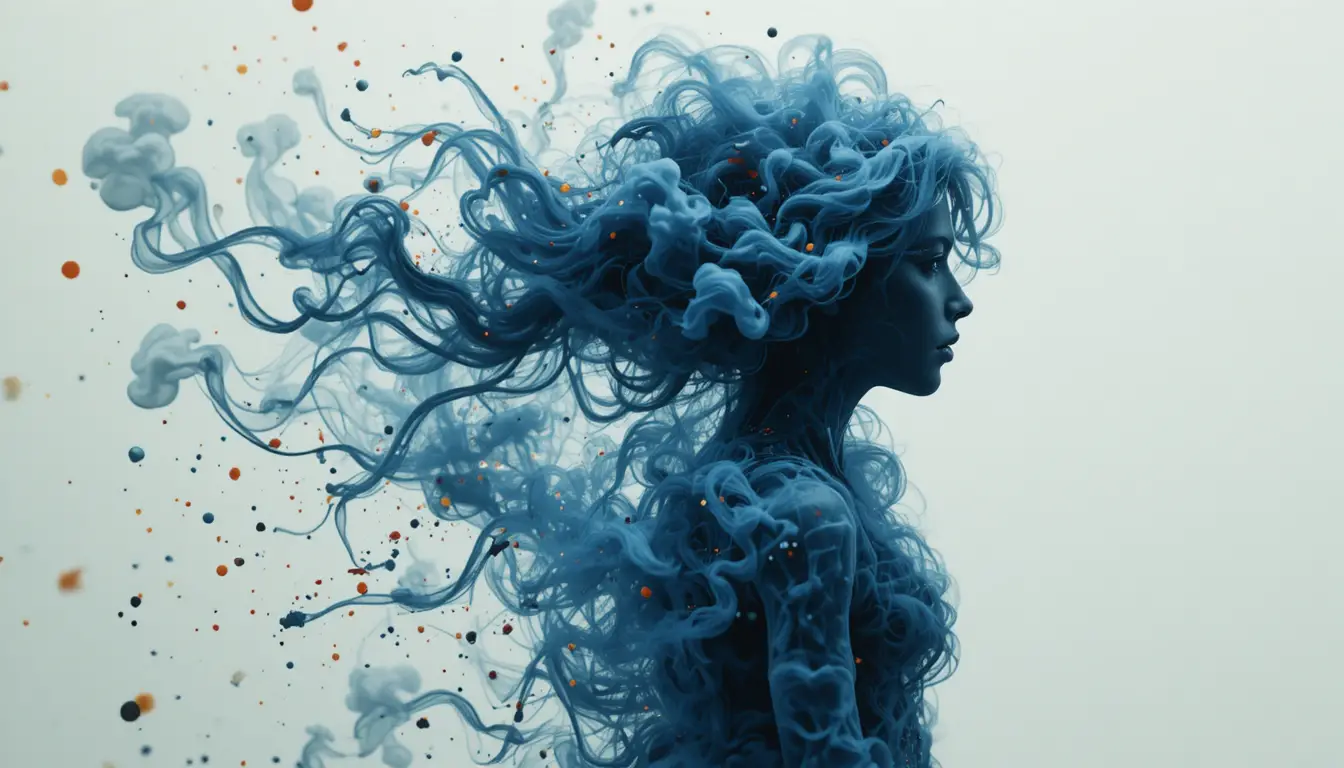 Silhueta feminina se dissolvendo em fumaça azul e cinza em redemoinho